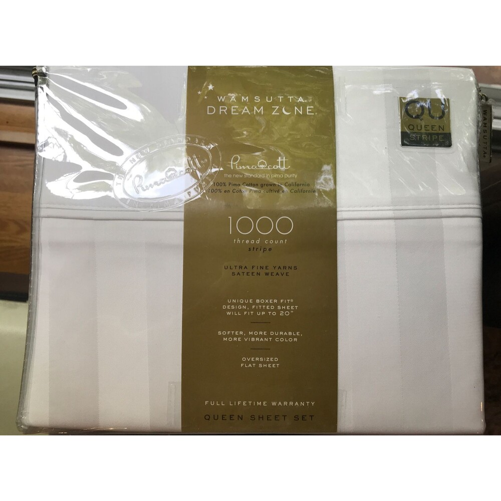 AUTHENTIC NEW WAMSUTTA Dream Zone 1000 TC PimaCott Queen Sheet Set White Stripes - Picture 2 of 9